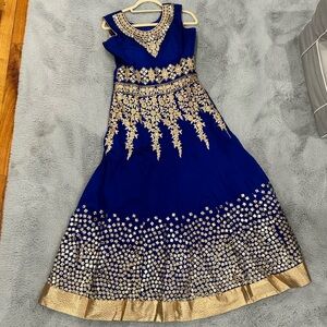 Navy blue anarkali with velvet churidaar (tights) and net dupatta
